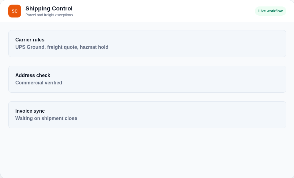 Shipping control dashboard